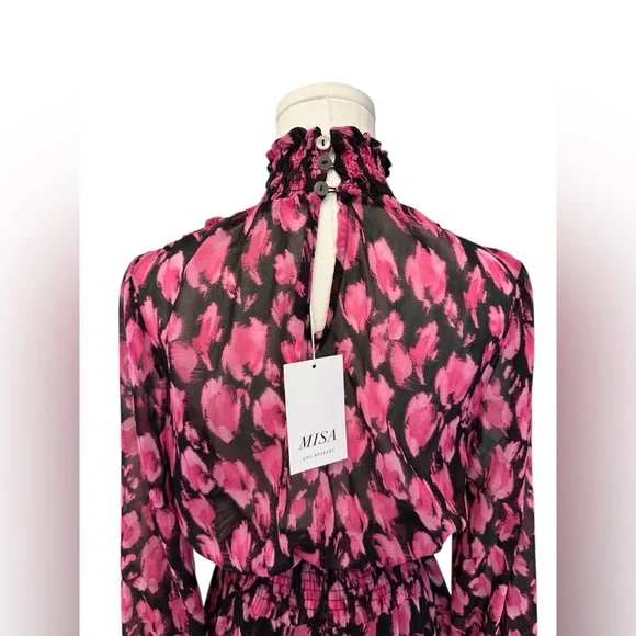 Misa Los Angeles Pink Black Leopard Floral Flowy Dress Size XS NWT $355 MSRP - Picture 5 of 7